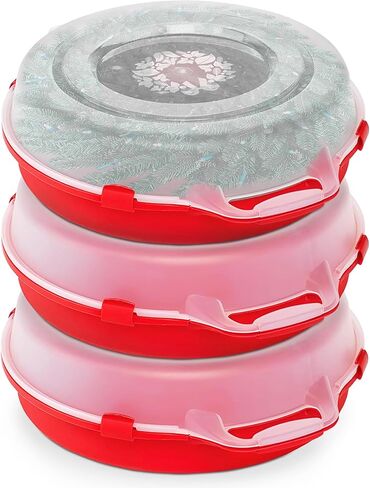 HOMZ 3-Pack 24 Inch Seasonal Holiday Clear Plastic Wreath Storage Containers, Red – Stackable Decoration Organizer Bins with Lids and Handles for Christmas Wreaths and Garlands in Kuwait