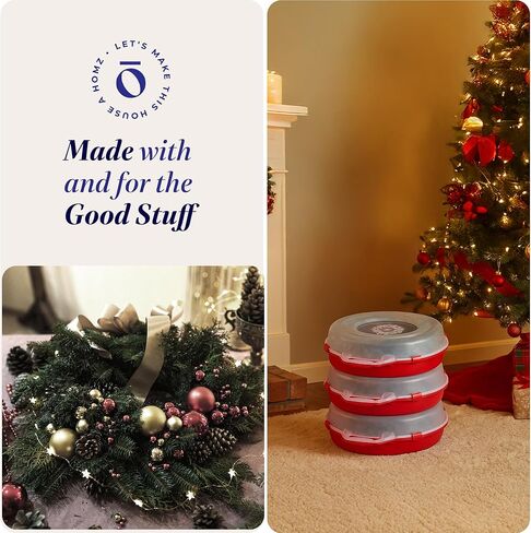 HOMZ 3 عبوات من حاويات تخزين إكليل من البلاستيك الشفاف للعطلات الموسمية مقاس 24 بوصة، باللون الأحمر - صناديق تنظيم الديكور القابلة للتكديس مع أغطية ومقابض لأكاليل عيد الميلاد وأكاليل الزهور in Kuwait