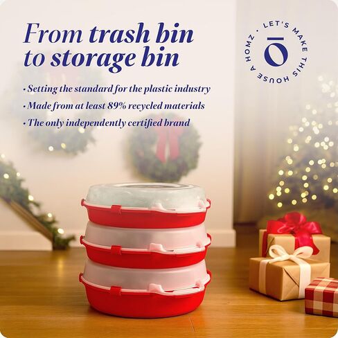 HOMZ 3 عبوات من حاويات تخزين إكليل من البلاستيك الشفاف للعطلات الموسمية مقاس 24 بوصة، باللون الأحمر - صناديق تنظيم الديكور القابلة للتكديس مع أغطية ومقابض لأكاليل عيد الميلاد وأكاليل الزهور in Kuwait