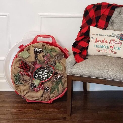 HOMZ 3 عبوات من حاويات تخزين إكليل من البلاستيك الشفاف للعطلات الموسمية مقاس 24 بوصة، باللون الأحمر - صناديق تنظيم الديكور القابلة للتكديس مع أغطية ومقابض لأكاليل عيد الميلاد وأكاليل الزهور in Kuwait