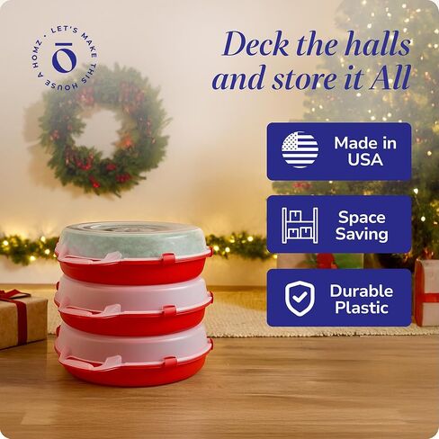 HOMZ 3-Pack 24 Inch Seasonal Holiday Clear Plastic Wreath Storage Containers, Red – Stackable Decoration Organizer Bins with Lids and Handles for Christmas Wreaths and Garlands in Kuwait