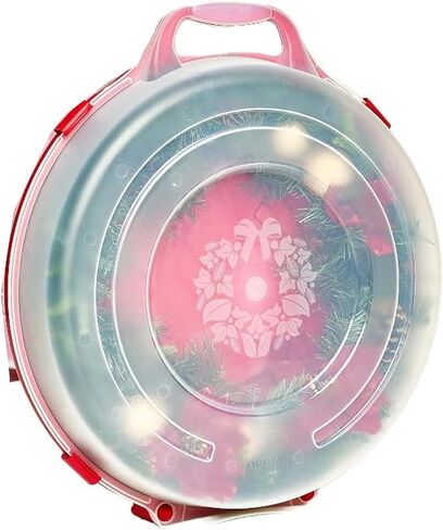 HOMZ 3 عبوات من حاويات تخزين إكليل من البلاستيك الشفاف للعطلات الموسمية مقاس 24 بوصة، باللون الأحمر - صناديق تنظيم الديكور القابلة للتكديس مع أغطية ومقابض لأكاليل عيد الميلاد وأكاليل الزهور in Kuwait