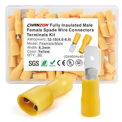 Chanzon 80pcs UL Listed 1/4" Female Spade Connector Quick Disconnect Semi-Insulated PVC - Yellow - 10 11 12 awg Gauge Wire Crimp 6.3mm Terminal 6.3 x 0.8 mm in Kuwait