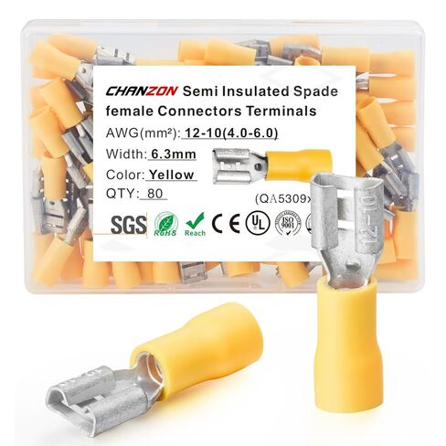 Chanzon 80pcs UL Listed 1/4" Female Spade Connector Quick Disconnect Semi-Insulated PVC - Yellow - 10 11 12 awg Gauge Wire Crimp 6.3mm Terminal 6.3 x 0.8 mm in Saudi Arabia