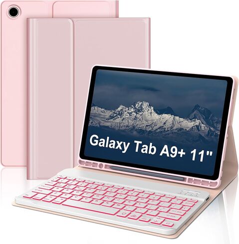 حافظة KVAGO لهاتف Samsung Galaxy Tab A9+/A9 Plus مقاس 11 بوصة مع لوحة مفاتيح ولوحة مفاتيح بإضاءة خلفية بلوتوث قابلة للفصل مع حامل قلم S، وغطاء قابل للطي لجهاز Tab A9+ Tablet (SM-X210/X216/X218)، النوم/الاستيقاظ التلقائي، أسود in Kuwait