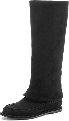 CouieCuies Suede Knee High Boots for Women Black Flats Tall Boot Pull On Fold Over Boots Suede Moccasin Toe Comfortable Dressy Shoes in Kuwait