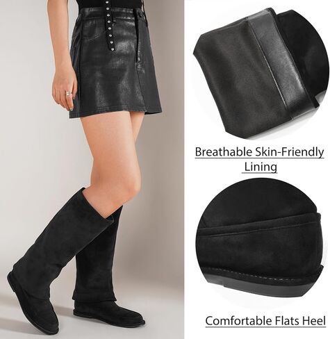 CouieCuies Suede Knee High Boots for Women Black Flats Tall Boot Pull On Fold Over Boots Suede Moccasin Toe Comfortable Dressy Shoes in Saudi Arabia