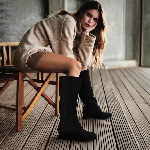 CouieCuies Suede Knee High Boots for Women Black Flats Tall Boot Pull On Fold Over Boots Suede Moccasin Toe Comfortable Dressy Shoes in Saudi Arabia