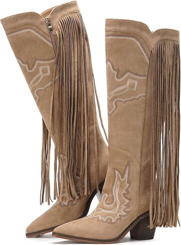 أحذية راعية البقر النسائية للركبة ذات هامش عالٍ أحذية رعاة البقر الغربية مطرزة بشراشيب حذاء ريترو in Kuwait