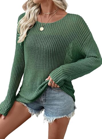 EVALESS Womens Sweaters Casual 2026 Spring Summer Crochet Hollow Out Tops Crewneck Long Sleeve Beach Cover Ups Cruise Outfits in Saudi Arabia