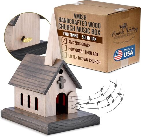 Amish Handcrafted Wood Church Music Box Solid Oak, Amazing Grace, How Great Thou Art, Little Brown Church (Two-Toned Wood, Amazing Grace) in Saudi Arabia