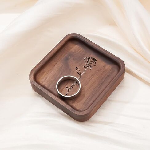 SOITIS Walnut Wooden Ring Tray Wedding Ring Dish Engagement Jewelry Dish for Couples Gift for Anniversary Christmas Birthday-Square in Saudi Arabia