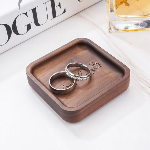 SOITIS Walnut Wooden Ring Tray Wedding Ring Dish Engagement Jewelry Dish for Couples Gift for Anniversary Christmas Birthday-Square in Saudi Arabia