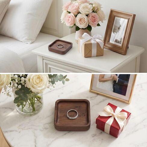 SOITIS Walnut Wooden Ring Tray Wedding Ring Dish Engagement Jewelry Dish for Couples Gift for Anniversary Christmas Birthday-Square in Saudi Arabia