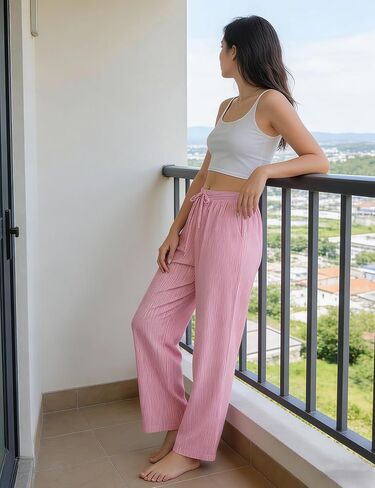 SWOMOG Women Cotton Pajama Pants 100% Cotton Plaid Lightweight Soft Striped Pj Pant Bottoms Wide Leg Lounge with Pocket Pink White Stripes XL in Saudi Arabia
