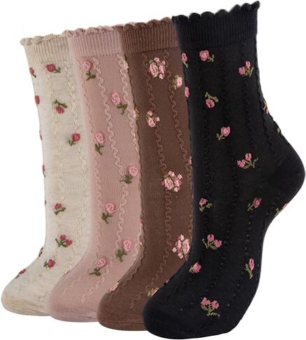 4 أزواج من الجوارب النسائية اللطيفة المكشكشة على الكاحل، جوارب مكشكشة للكاحل منقوشة، جوارب دائرية قابلة للتنفس متوسطة الخس، مقاس 5-9 in Kuwait