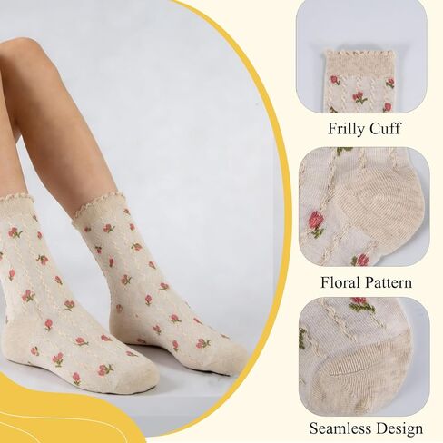 4 أزواج من الجوارب النسائية اللطيفة المكشكشة على الكاحل، جوارب مكشكشة للكاحل منقوشة، جوارب دائرية قابلة للتنفس متوسطة الخس، مقاس 5-9 in Kuwait