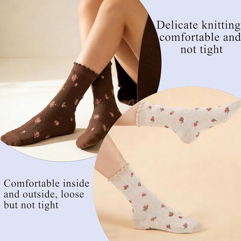 4 أزواج من الجوارب النسائية اللطيفة المكشكشة على الكاحل، جوارب مكشكشة للكاحل منقوشة، جوارب دائرية قابلة للتنفس متوسطة الخس، مقاس 5-9 in Kuwait
