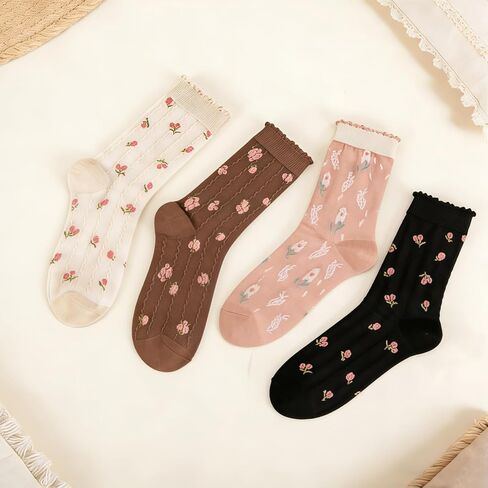 4 أزواج من الجوارب النسائية اللطيفة المكشكشة على الكاحل، جوارب مكشكشة للكاحل منقوشة، جوارب دائرية قابلة للتنفس متوسطة الخس، مقاس 5-9 in Kuwait