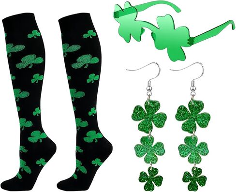St. Patrick‘s Day Lucky Charm Set 2026: Shamrock Knee High Socks, Green Clover Glasses | Matching Irish Party Outfit Bundle for Women, Irish Party Outfit Bundle, Festival, Festival & Photoshoot in Saudi Arabia