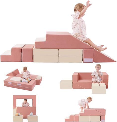 Baby Foam Climbing Blocks|Modular Kids Play Couch with 2 Cubes Indoor,Foldable Soft Play Set for Toddlers Crawling & Climbers,Beige & Yellow in Kuwait