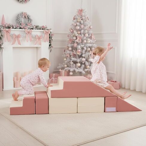 Baby Foam Climbing Blocks|Modular Kids Play Couch with 2 Cubes Indoor,Foldable Soft Play Set for Toddlers Crawling & Climbers,Beige & Yellow in Kuwait