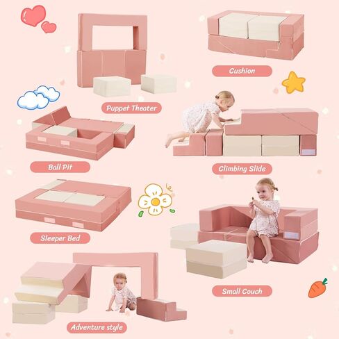 Baby Foam Climbing Blocks|Modular Kids Play Couch with 2 Cubes Indoor,Foldable Soft Play Set for Toddlers Crawling & Climbers,Beige & Yellow in Kuwait