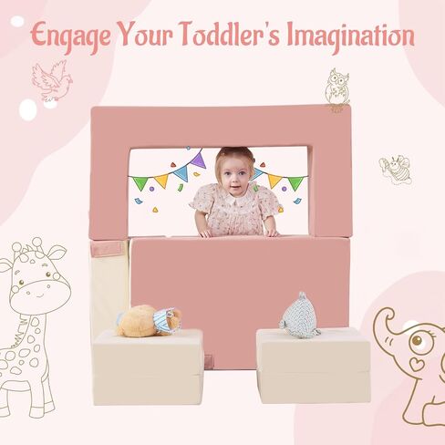 Baby Foam Climbing Blocks|Modular Kids Play Couch with 2 Cubes Indoor,Foldable Soft Play Set for Toddlers Crawling & Climbers,Beige & Yellow in Kuwait