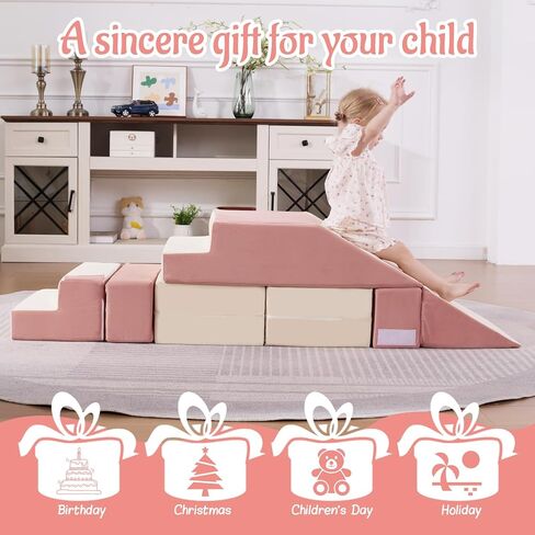 Baby Foam Climbing Blocks|Modular Kids Play Couch with 2 Cubes Indoor,Foldable Soft Play Set for Toddlers Crawling & Climbers,Beige & Yellow in Kuwait