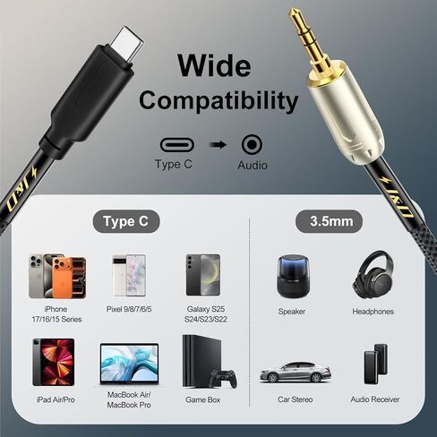 كابل صوت J&D USB C إلى 3.5 مم، سلك كابل مساعد للسيارة من النوع C إلى AUX متوافق مع iPhone 15/15 Plus/15 Pro/15 Pro Max، 3 أقدام in Kuwait