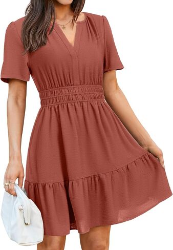 Simplee Womens Casual Summer Dresses 2026 V Neck Short Sleeve Empire Waist Flowy A Line Ruffle Tiered Mini Sundress in Saudi Arabia