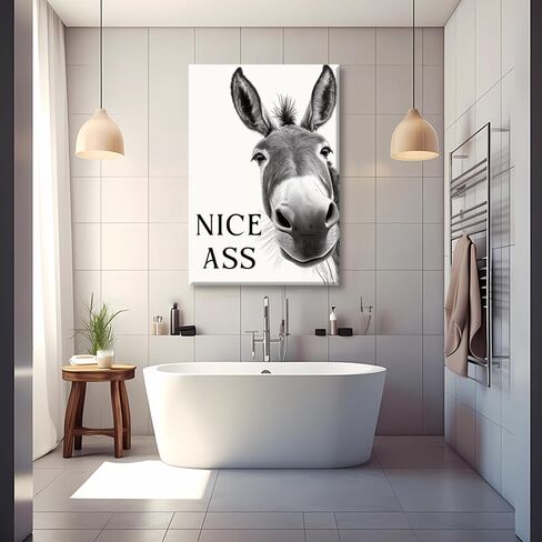 DSWEGVR Black and White Donkey Bathroom Wall Art Decor Nice Ass Funny Donkey in Bathroom Picture Poster Fun Animal Canvas Print Farmhouse Humor Wall Decor for Home Washroom Toilet 12x16inch Unframed in Saudi Arabia