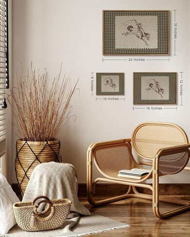 ZZLWBKGL Vintage Western Framed Wall Art Farmhouse Cowboy Canvas Wall Art Retro Gingham Plaid West Stamp Pictures Decor Mid Century Rodeo Art Prints for Living Room Bedroom in Saudi Arabia