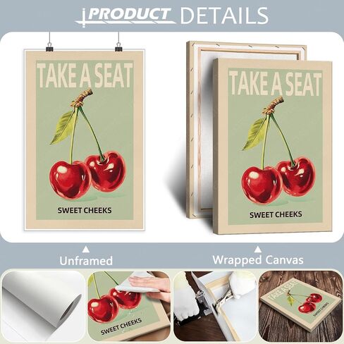 Take A Seat Sweet Cheeks Poster Funny Bathroom WallArt Vintage Fruit Cherry Green Prints Canvas Funky Home Dorm Room Bathrooms Decor Picture 12X18 in Unframed-Canvas Rolled Up in Saudi Arabia