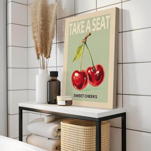 Take A Seat Sweet Cheeks Poster Funny Bathroom WallArt Vintage Fruit Cherry Green Prints Canvas Funky Home Dorm Room Bathrooms Decor Picture 12X18 in Unframed-Canvas Rolled Up in Saudi Arabia