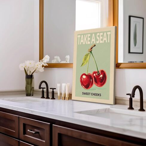 Take A Seat Sweet Cheeks Poster Funny Bathroom WallArt Vintage Fruit Cherry Green Prints Canvas Funky Home Dorm Room Bathrooms Decor Picture 12X18 in Unframed-Canvas Rolled Up in Saudi Arabia