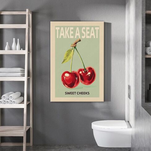 Take A Seat Sweet Cheeks Poster Funny Bathroom WallArt Vintage Fruit Cherry Green Prints Canvas Funky Home Dorm Room Bathrooms Decor Picture 12X18 in Unframed-Canvas Rolled Up in Saudi Arabia