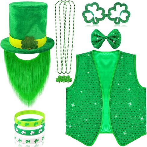 10 Pcs St Patrick's Day Costume Set Shamrock Hat with Faux Mustache St. Patrick Vest Sequin Bow Tie Beaded Shamrock Necklaces Bracelets Shamrock Shaped Glasses for Irish Party Decor (Large) Green in Saudi Arabia