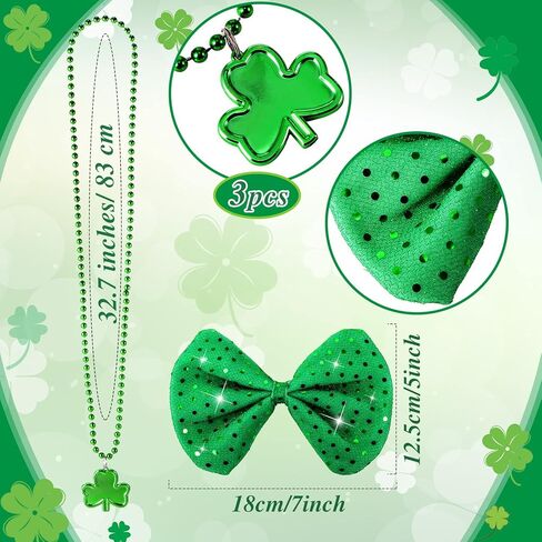 10 Pcs St Patrick's Day Costume Set Shamrock Hat with Faux Mustache St. Patrick Vest Sequin Bow Tie Beaded Shamrock Necklaces Bracelets Shamrock Shaped Glasses for Irish Party Decor (Large) Green in Saudi Arabia