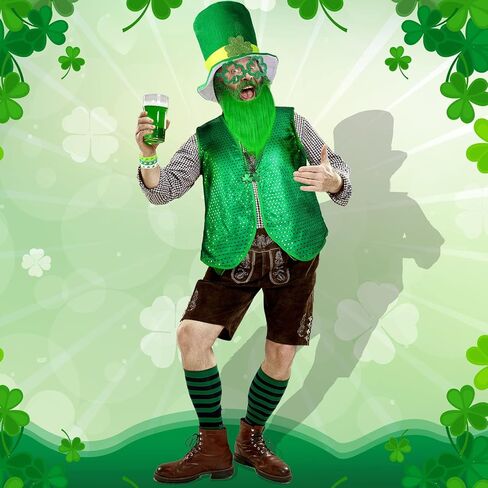 10 Pcs St Patrick's Day Costume Set Shamrock Hat with Faux Mustache St. Patrick Vest Sequin Bow Tie Beaded Shamrock Necklaces Bracelets Shamrock Shaped Glasses for Irish Party Decor (Large) Green in Saudi Arabia