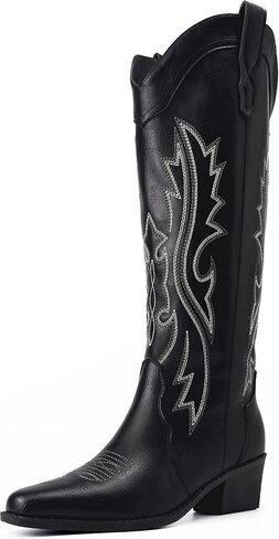 Cowboy Boots Women Knee High Cowgirl Boots for Women Wide Calf Square Toe Chunky Heel Embroidered Western Black Boots Pull On Fashion Retro Classic Vintage Tall Boots for Ladies, Breathable in Saudi Arabia