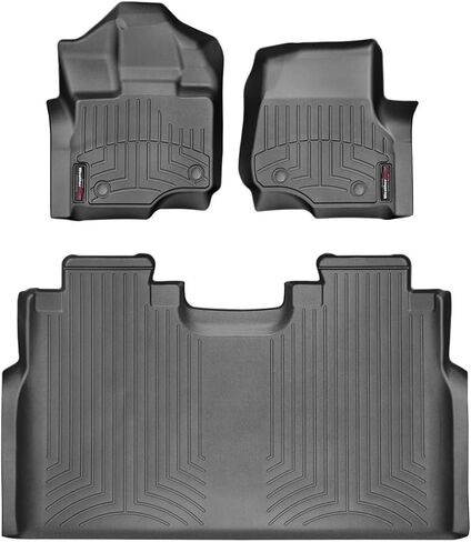 بطانات أرضية مخصصة من WeatherTech لسيارة Ford F-150 (كابينة الطاقم، مقاعد الدلو) F150 Lightning، Raptor بدون تخزين مسطح قابل للطي - الصف الأول والثاني (44697-1-2)، أسود in Kuwait