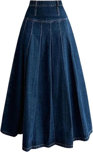 Women Chic Pleated Jeans Skirts High Waist Long Washing Straight Denim Midi Skirts in Saudi Arabia