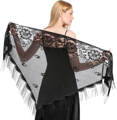 Lace Shawl, Fringe Shawl 78.74 Inch Black Lace Shawls for Women, Cotton Wedding & Evening Wrap Scarf in Kuwait