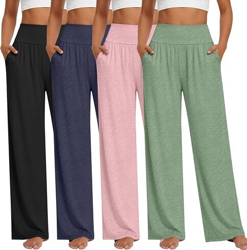 Neer 4 Pack Women's Wide Leg Yoga Pants High Waist Casual Sweatpants Loose Cozy Lounge Pajama Flowy Pants with Pockets(Black, Dark Blue, Turquoise, Pink,Medium) in Saudi Arabia