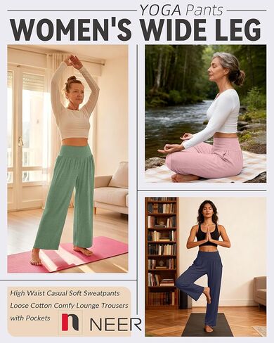 Neer 4 Pack Women's Wide Leg Yoga Pants High Waist Casual Sweatpants Loose Cozy Lounge Pajama Flowy Pants with Pockets(Black, Dark Blue, Turquoise, Pink,Medium) in Saudi Arabia