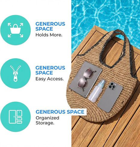 حقيبة الشاطئ من جولك للنساء، حقيبة يد الرافية كبيرة للصيف للشاطئ، حقائب كتف منسوجة بوهو للعطلات مع سحاب in Kuwait