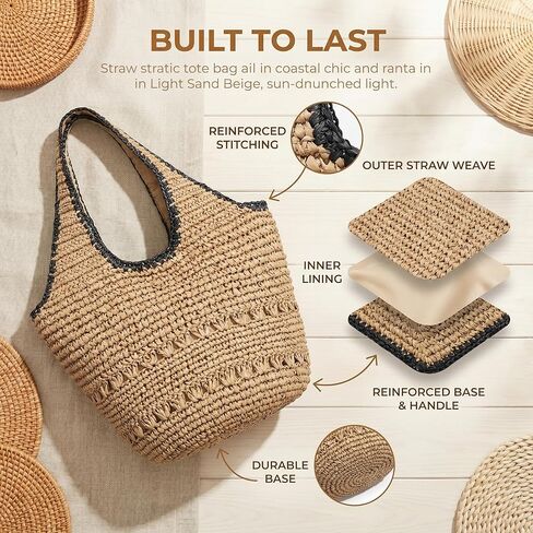 حقيبة الشاطئ من جولك للنساء، حقيبة يد الرافية كبيرة للصيف للشاطئ، حقائب كتف منسوجة بوهو للعطلات مع سحاب in Kuwait