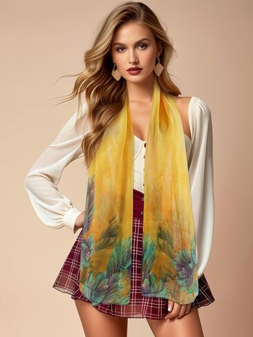 GERINLY Yellow Scarfs with Large Purple Green Leaves Print, Mardi Gras Theme Wrap Shawl for Women in Kuwait