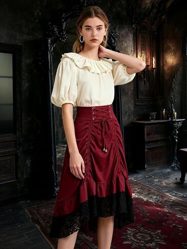 تنورة نسائية قوطي Steampunk من الدانتيل الأسود المزين بالزهور على شكل حرف A تنورة ميدي حمراء بأربطة مكشكشة عالية ومنخفضة غير متكافئة تنانير القراصنة in Kuwait